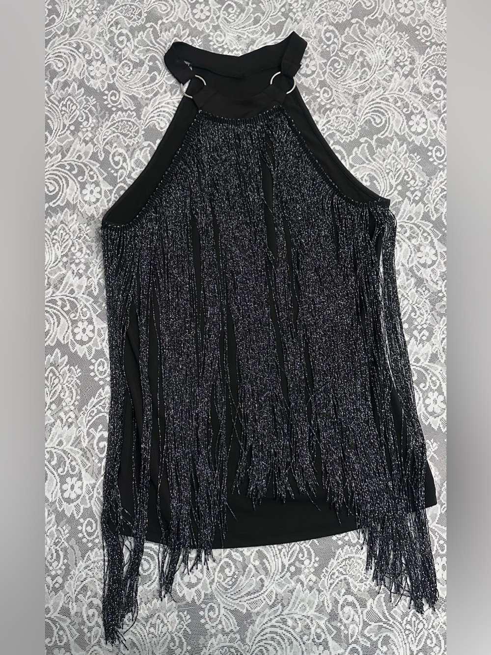 SHEIN Black Metallic Fringe Halter Top Festival Party Size M NWT